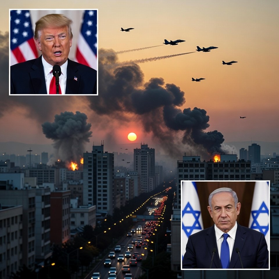 Explosions light up Tehran skyline during US-Israel coordinated military strikes on Iran, 2026.