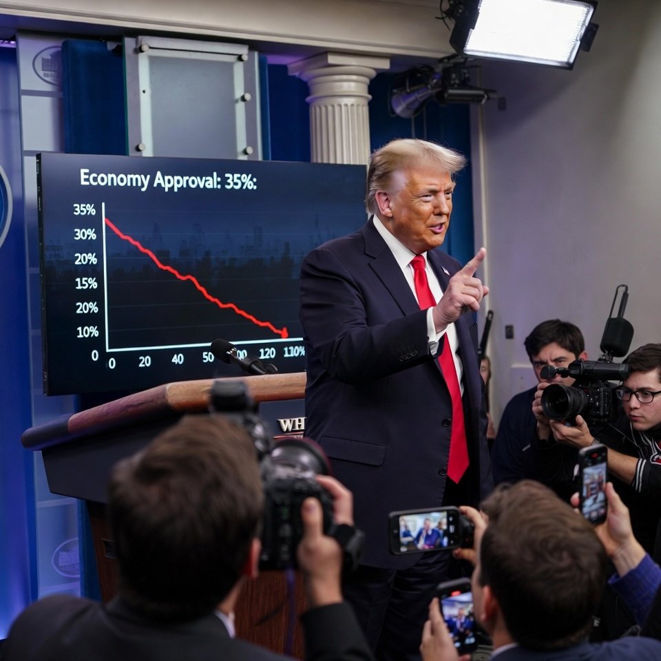 President Trump at White House press conference with approval rating graph showing 35 percent economy approval record low amid Iran war and gas price surge March 2026