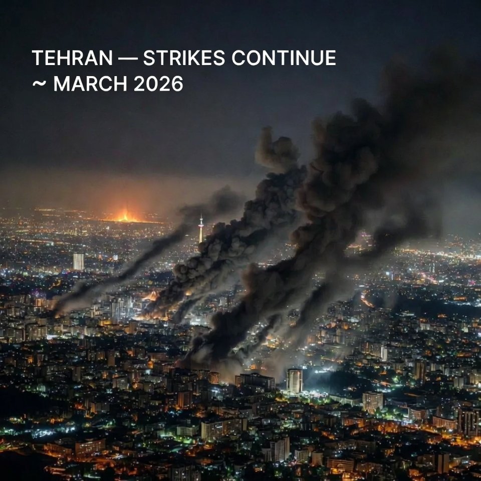 Tehran under US-Israeli airstrikes March 2026 — smoke rises over Iranian capital as war continues after Mojtaba Khamenei appointment