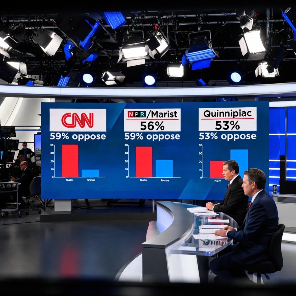 US television newsroom displaying CNN NPR Marist Quinnipiac poll results showing majority of Americans oppose Iran war as US Iran war public opinion 2026 polling data released March
