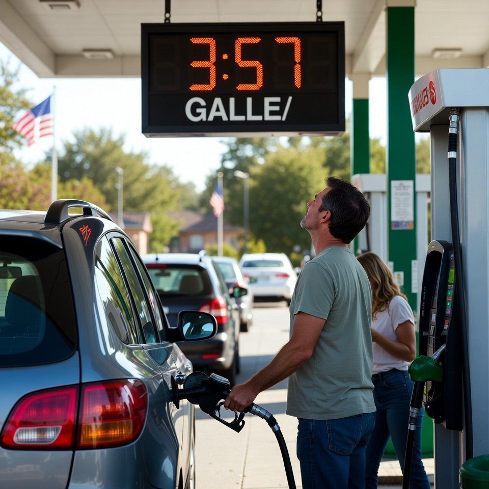 American family at gas station checking $3.57 per gallon price as Iran war drives fuel cost spike that polls show is driving opposition to US military action in Iran 2026