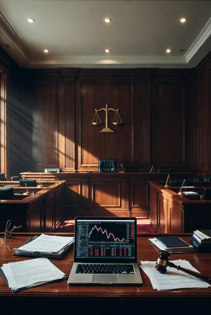 Binance Australia ASIC court ruling 2026 — Australian courtroom with cryptocurrency trading losses documents and gavel, representing the Federal Court penalty against Binance for misclassifying 524 retail investors as wholesale clients