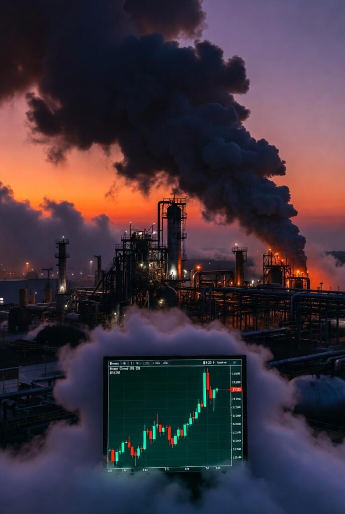 Oil price crisis 2026 Iran war — Brent crude oil spike to $120 per barrel following Strait of Hormuz closure during the Iran-US war, showing the global oil supply disruption and energy market shock affecting the world economy