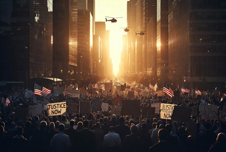 Thousands of Americans marching in a massive protest wave through a major US city in 2026, with signs and flags under golden hour ligh
