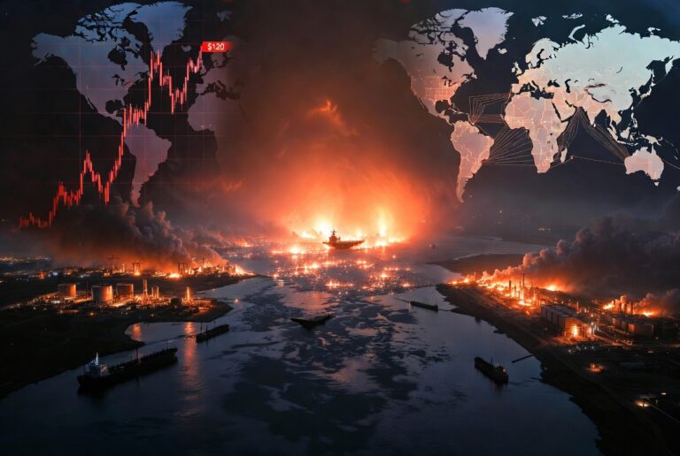 Global conflict 2026 — aerial night view of the Strait of Hormuz blocked by Iran following Operation Epic Fury US-Israel attack, showing the geopolitical crisis causing the world's largest oil supply disruption and global economic shock