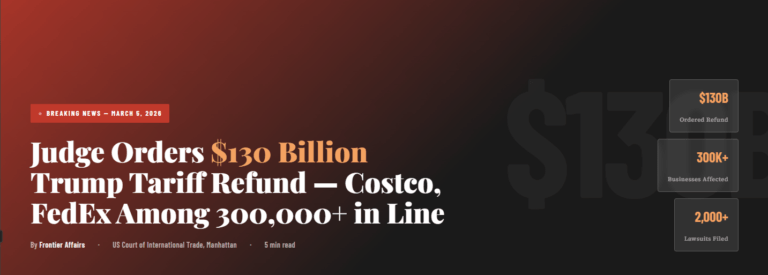 Judge orders $130 billion Trump tariff refund 2026 — breaking news banner with courthouse and gavel