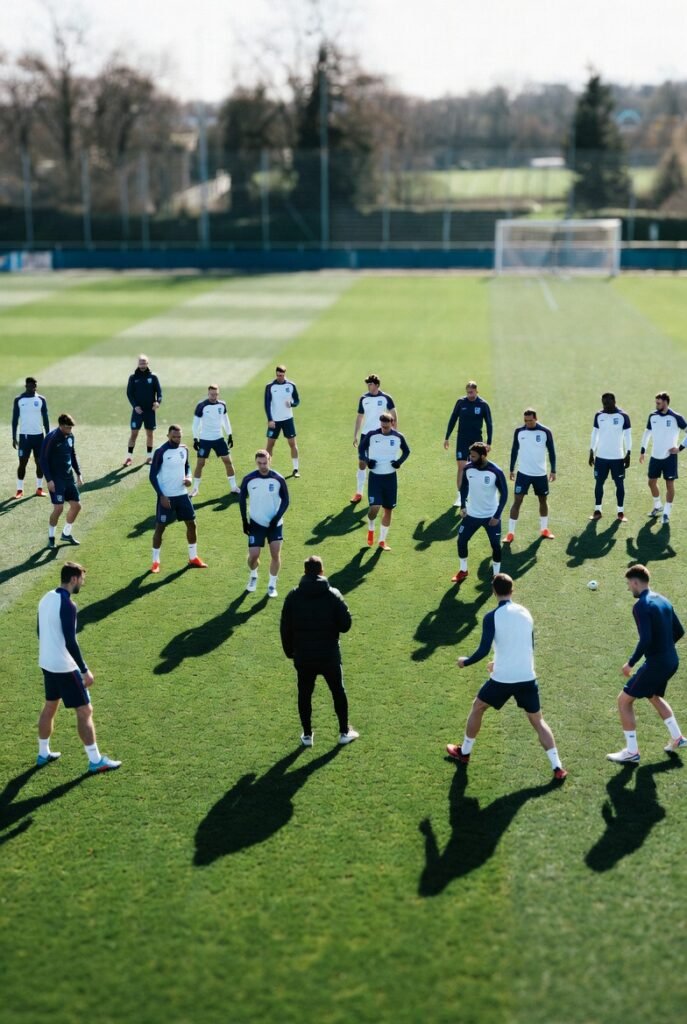 England World Cup 2026 squad training depth — aerial view of England national team tactical training session under Thomas Tuchel ahead of FIFA World Cup 2026 despite major injury crisis affecting eight key players