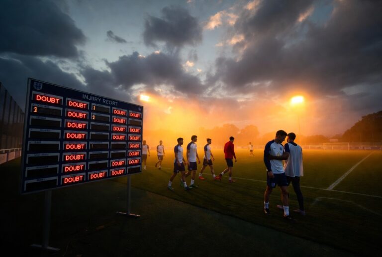 England injury crisis World Cup 2026 — England national team players leaving training at St George's Park with physio support, showing the squad fitness crisis facing Thomas Tuchel ahead of the FIFA World Cup in the United States
