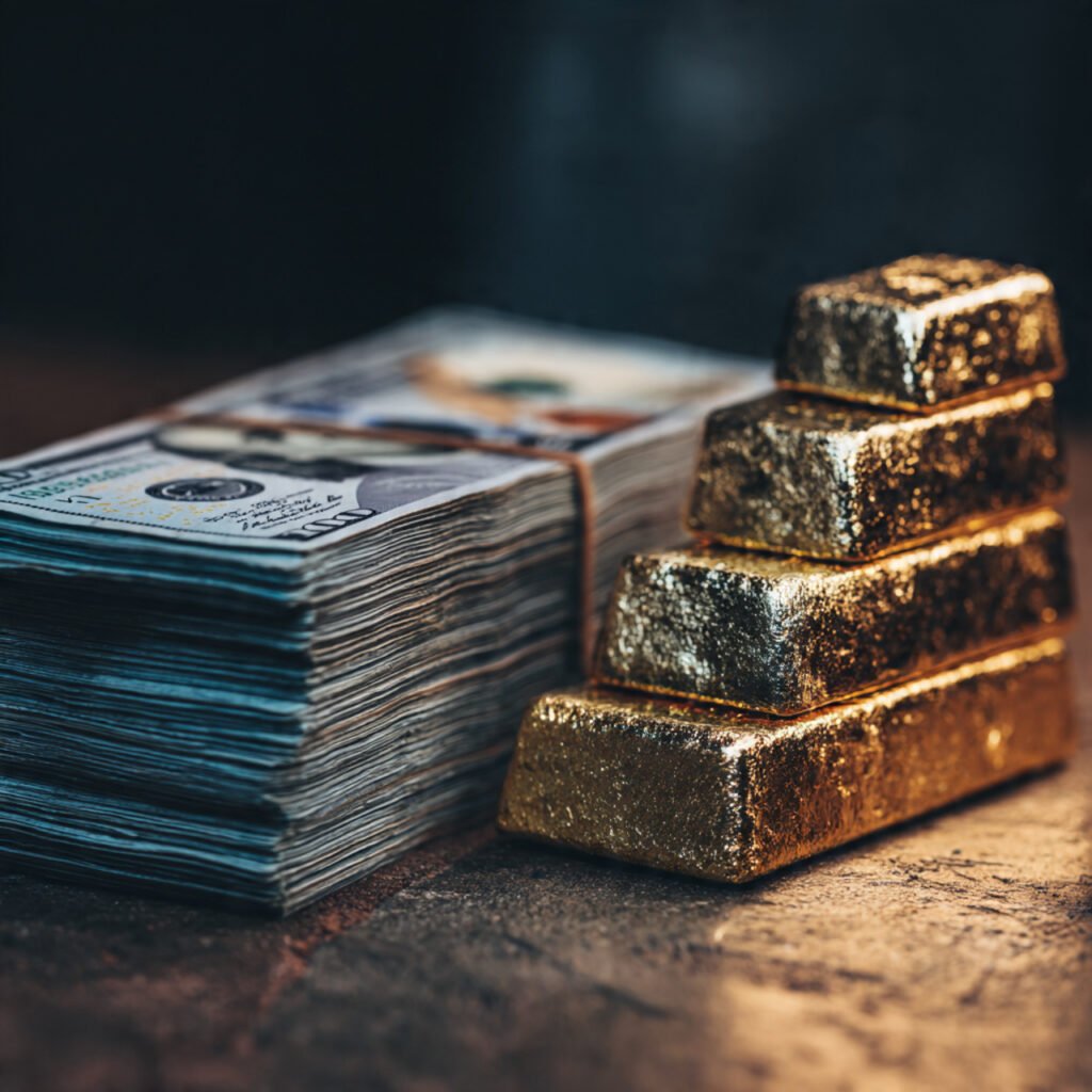 Currency notes losing value beside gold bar symbolizing inflation hedge in 2026 war economy