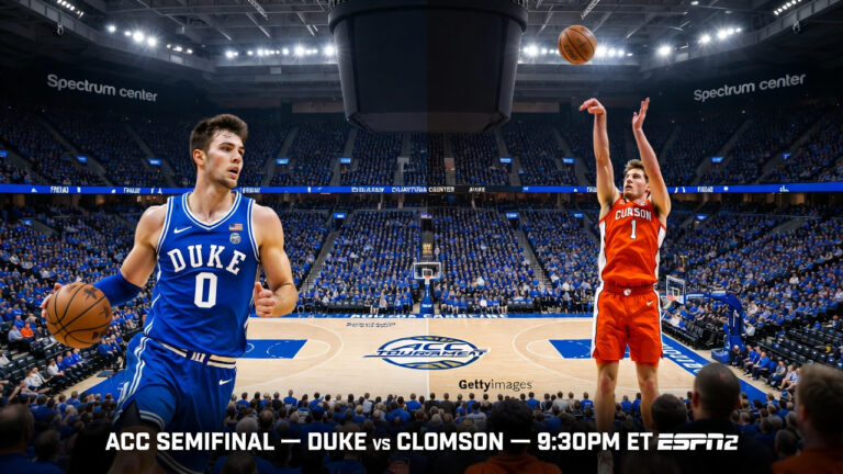 Duke Blue Devils vs Clemson Tigers ACC Tournament 2026 semifinal at Spectrum Center Charlotte packed with 19000 fans Friday March 14 2026 9:30pm ET ESPN2