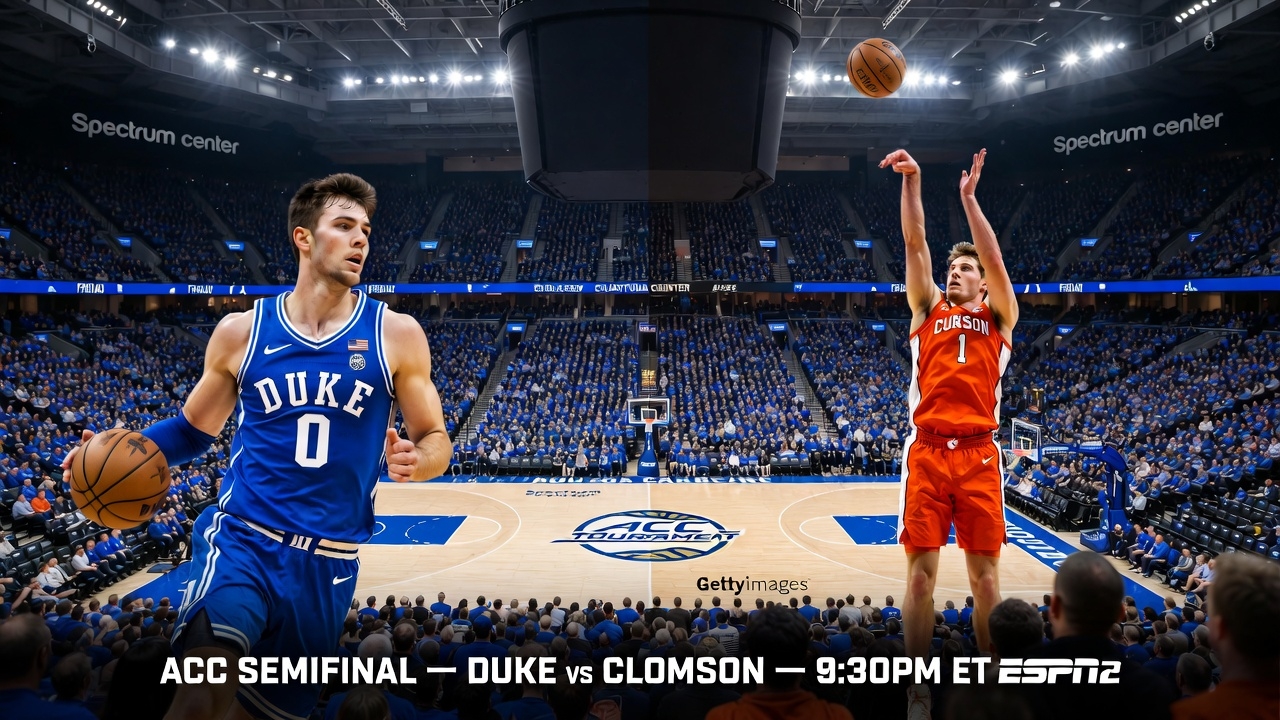 Duke Blue Devils vs Clemson Tigers ACC Tournament 2026 semifinal at Spectrum Center Charlotte packed with 19000 fans Friday March 14 2026 9:30pm ET ESPN2