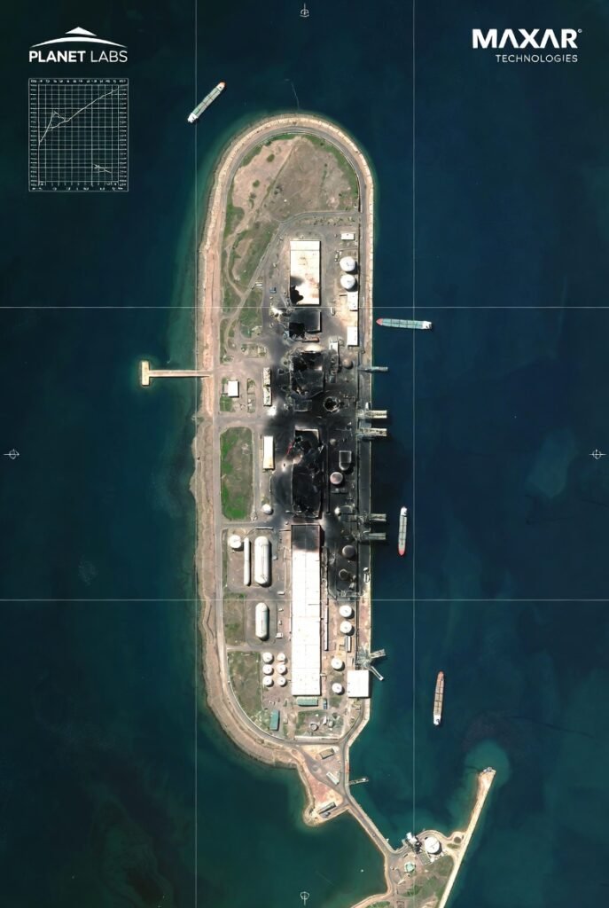 Satellite image of Kharg Island Iran after US CENTCOM airstrike on March 13 2026 showing 90 targets hit including naval mine storage and missile bunkers during Operation Epic Fury