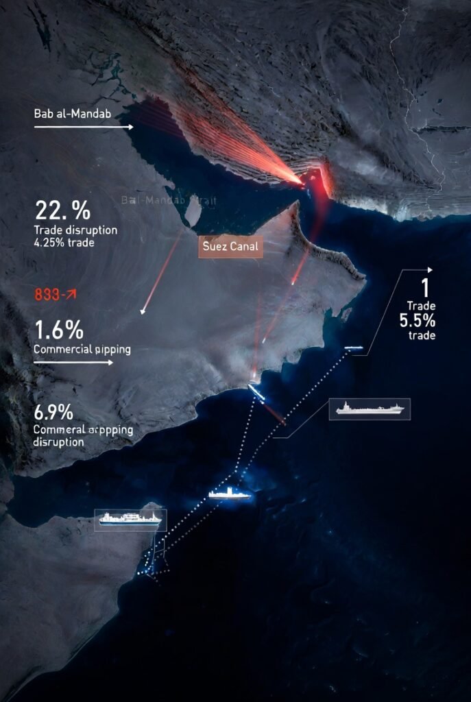 Red Sea crisis 2026 — digital map showing Houthi missile attacks on commercial shipping routes through Bab al-Mandab Strait, Yemen, causing global trade disruption and rerouting of vessels around Africa's Cape of Good Hope