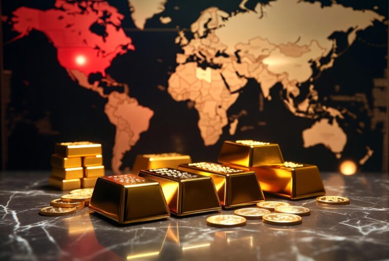 Gold bars and coins with world conflict zones in background representing gold price surge during 2026 war crisis