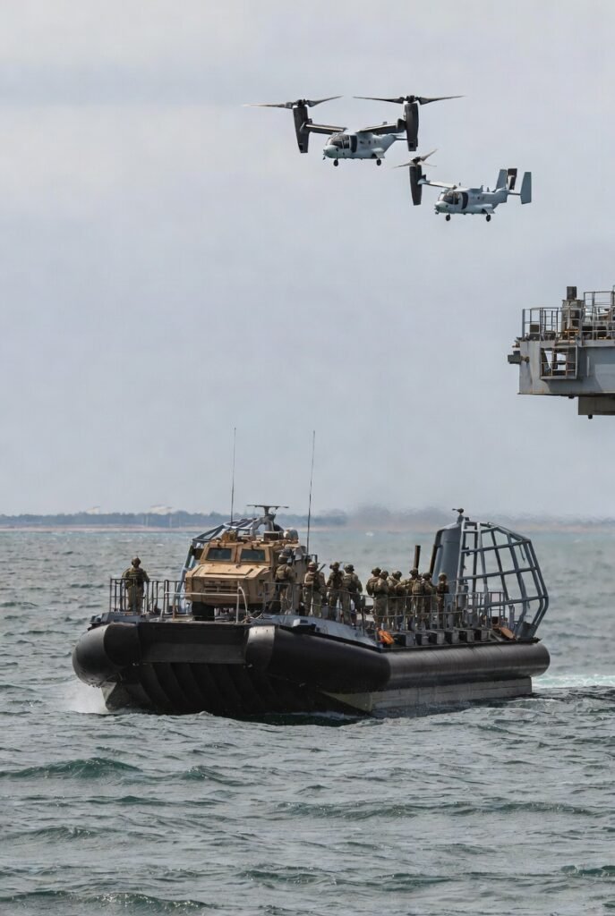 : US Marines landing craft and MV-22 Ospreys in Persian Gulf amphibious landing exercise as Pentagon prepares ground operation options including Kharg Island seizure Iran war 2026