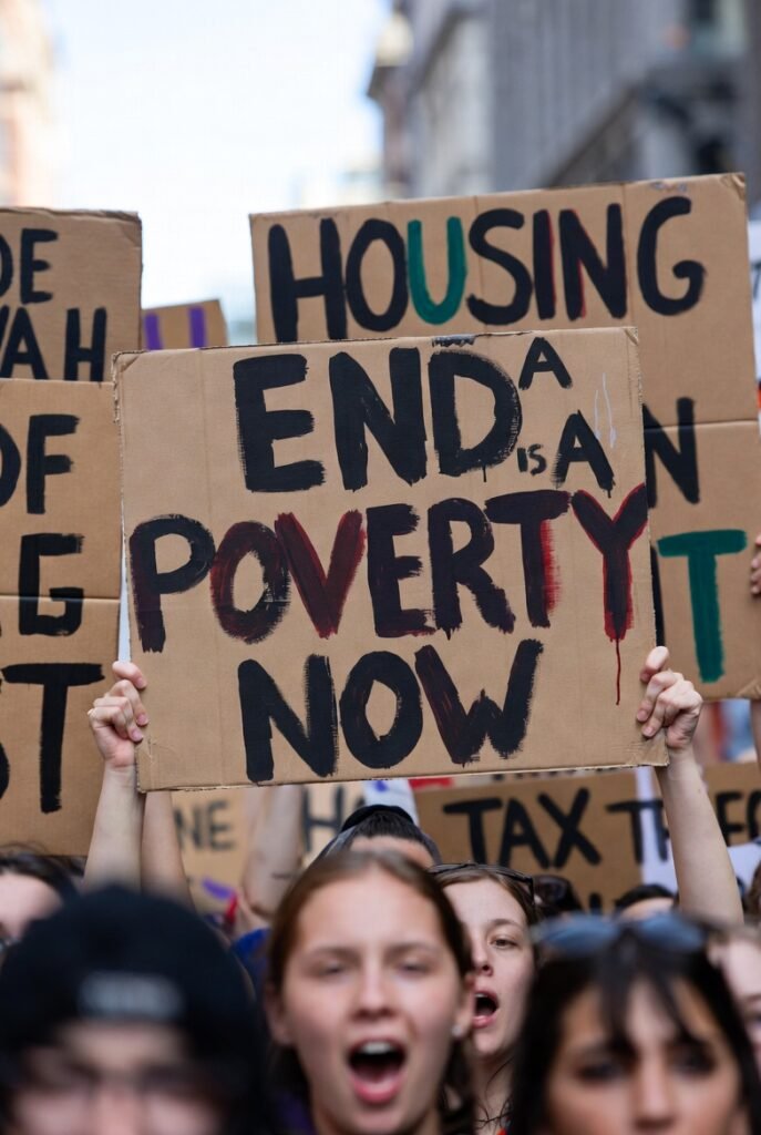 Diverse American protesters holding signs demanding political reform and economic justice during 2026 US demonstration