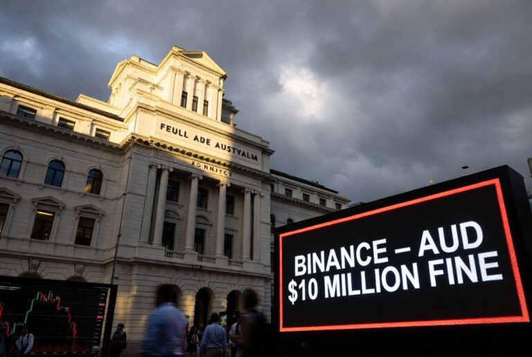 Binance fined $6.9 million Australia 2026 — Federal Court of Australia building in Sydney with digital display showing Binance ASIC penalty ruling, representing the Binance Australia derivatives case and global crypto regulation enforcement