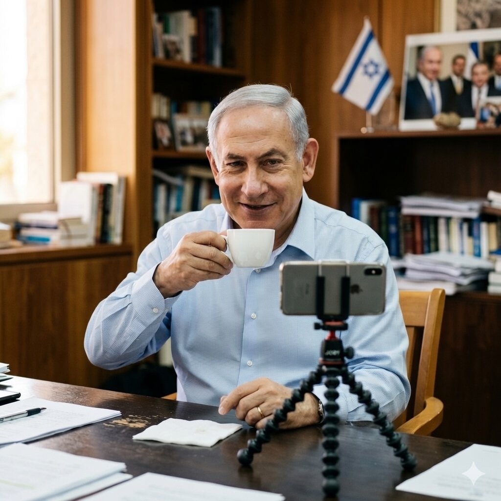 Smartphone showing viral fake social media posts claiming Netanyahu died alongside live TV broadcast of Israeli PM Netanyahu speaking at press conference debunking death hoax March 2026