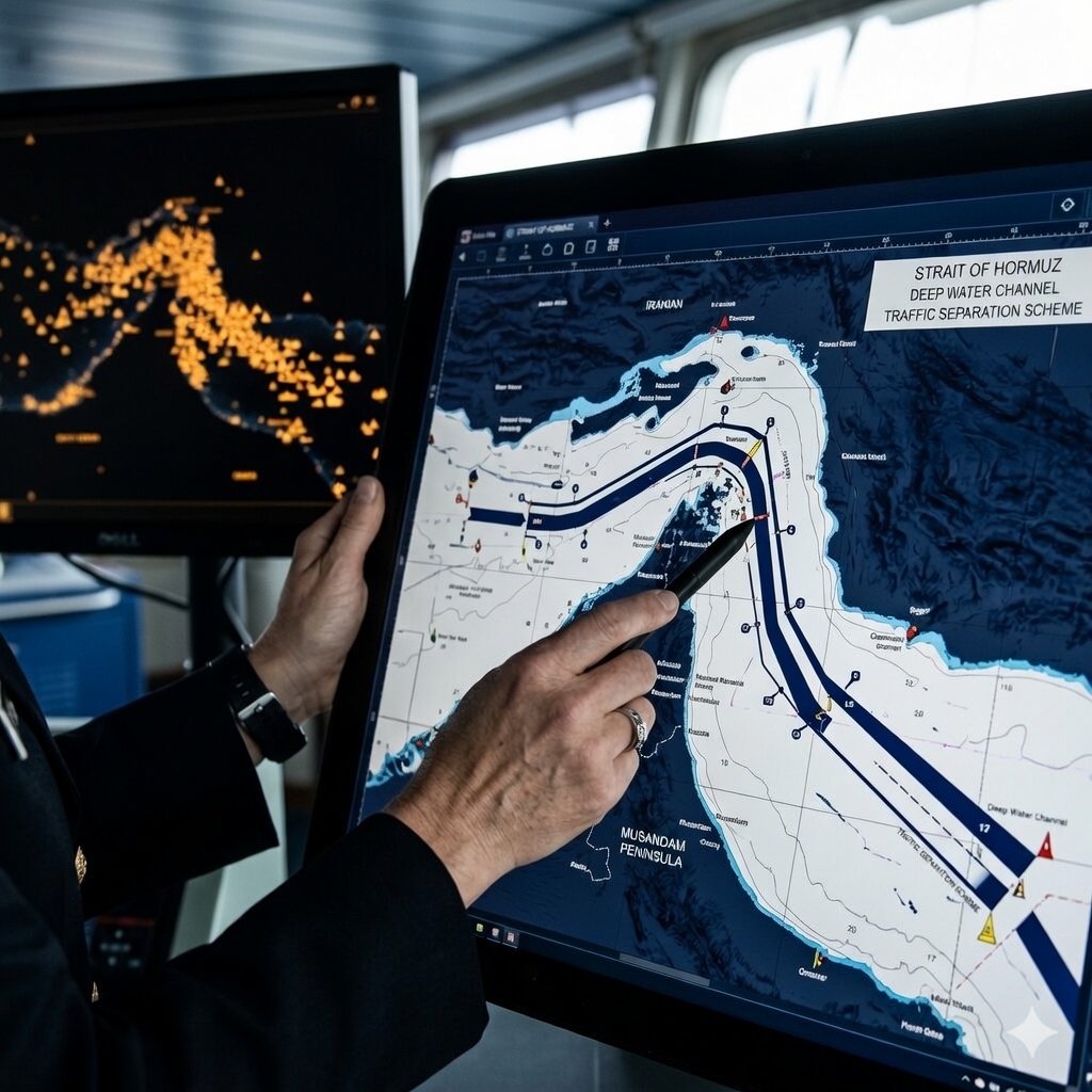 Ship navigator examining Strait of Hormuz nautical chart showing bottleneck waterway with AIS screen displaying over 150 oil tankers anchored outside Iran closed strait March 2026