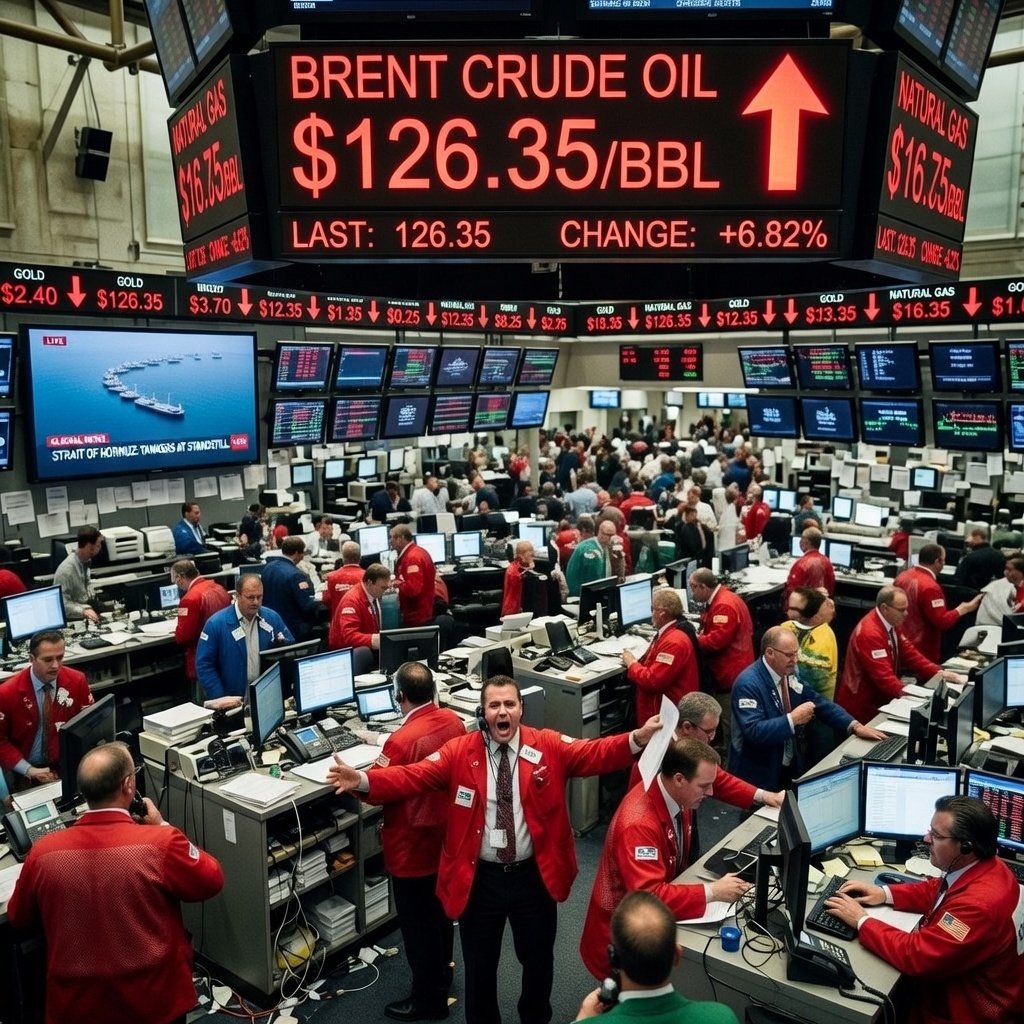 Commodities trading floor with Brent crude oil price showing $126 per barrel as Strait of Hormuz closure drives historic oil price spike during Iran war March 2026
