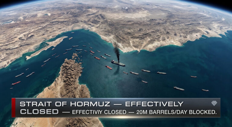 Aerial satellite view of Strait of Hormuz showing over 150 oil tankers anchored at entrance as Iran closes waterway to Western shipping blocking 20 million barrels per day March 2026