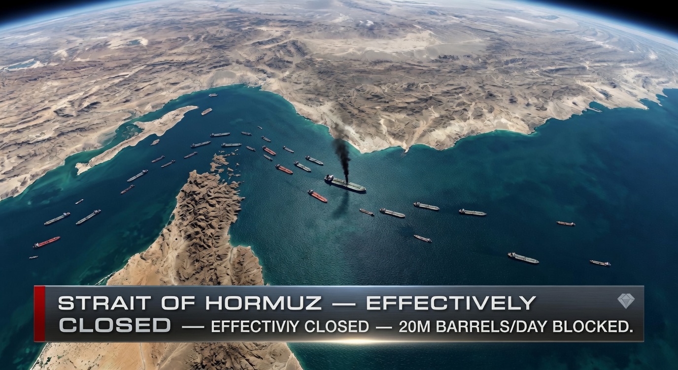 Aerial satellite view of Strait of Hormuz showing over 150 oil tankers anchored at entrance as Iran closes waterway to Western shipping blocking 20 million barrels per day March 2026