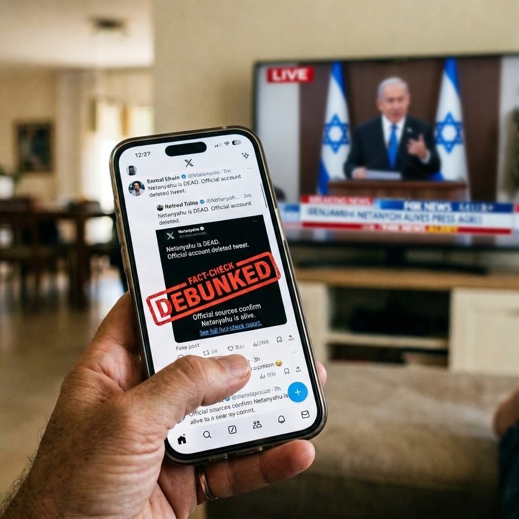 Benjamin Netanyahu sipping coffee in video response to death rumours saying I am still alive addressing assassination fake news claims March 15 2026