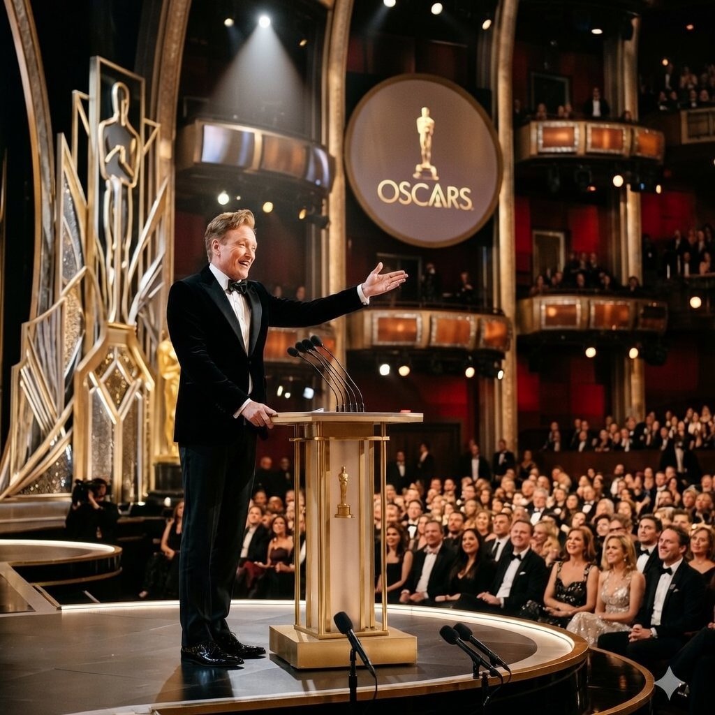 Conan O'Brien hosting the 98th Academy Awards Oscars 2026 at Dolby Theatre Hollywood in black tuxedo on stage for second consecutive year March 15 2026