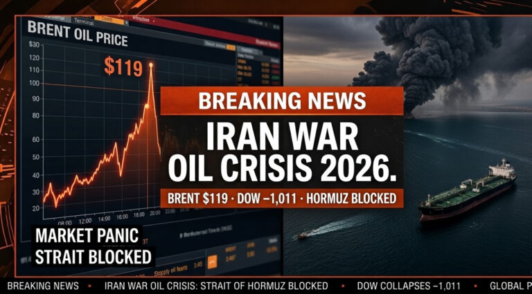 Iran war oil price 2026 — Brent crude hits $119 per barrel as Strait of Hormuz blockade shuts 20% of global oil supply