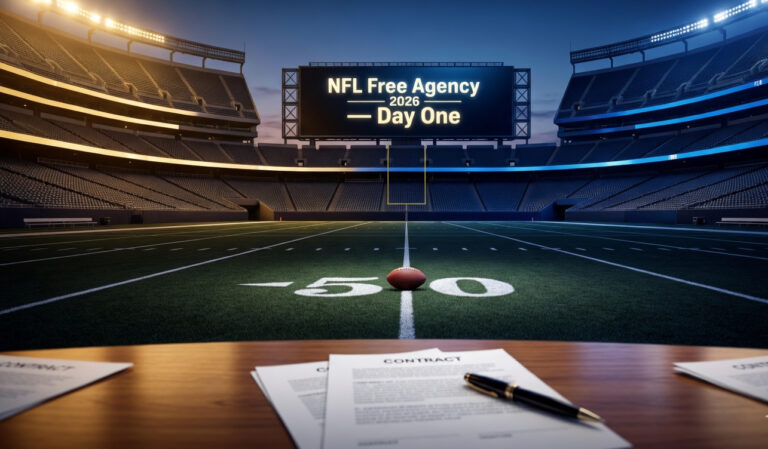 NFL free agency 2026 biggest signings — empty stadium at dusk with contract papers and football on 50-yard line