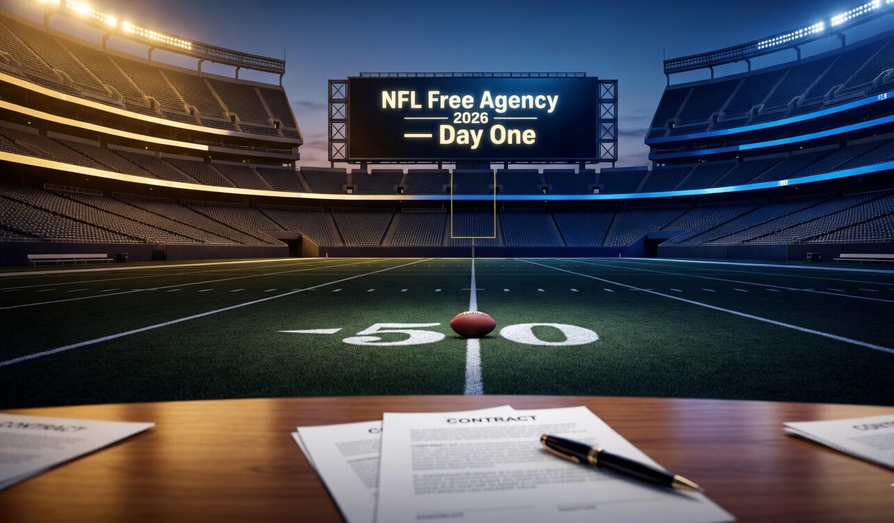 NFL free agency 2026 biggest signings — empty stadium at dusk with contract papers and football on 50-yard line