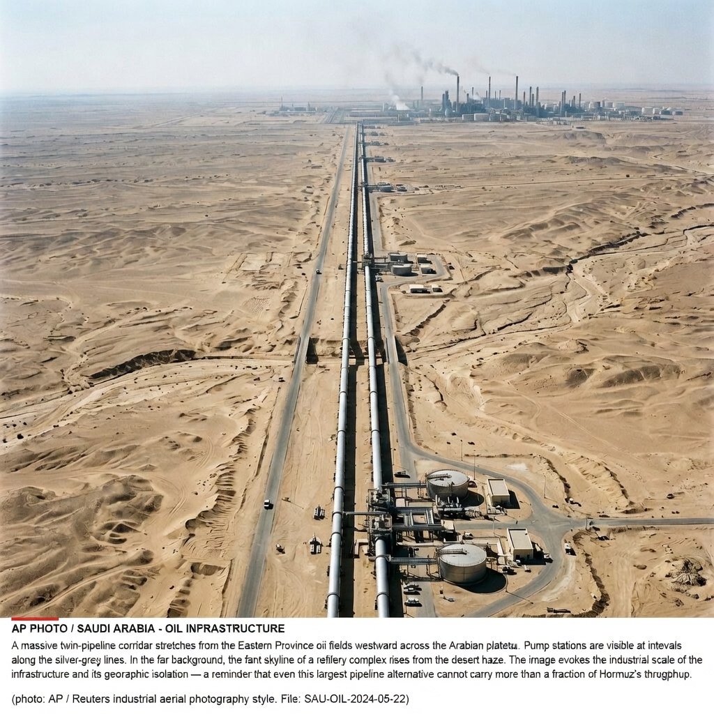 Saudi Arabia East-West crude oil pipeline crossing Arabian desert providing alternative route to Hormuz bypass with 7 million barrel per day capacity as Iran blocks Strait of Hormuz 2026