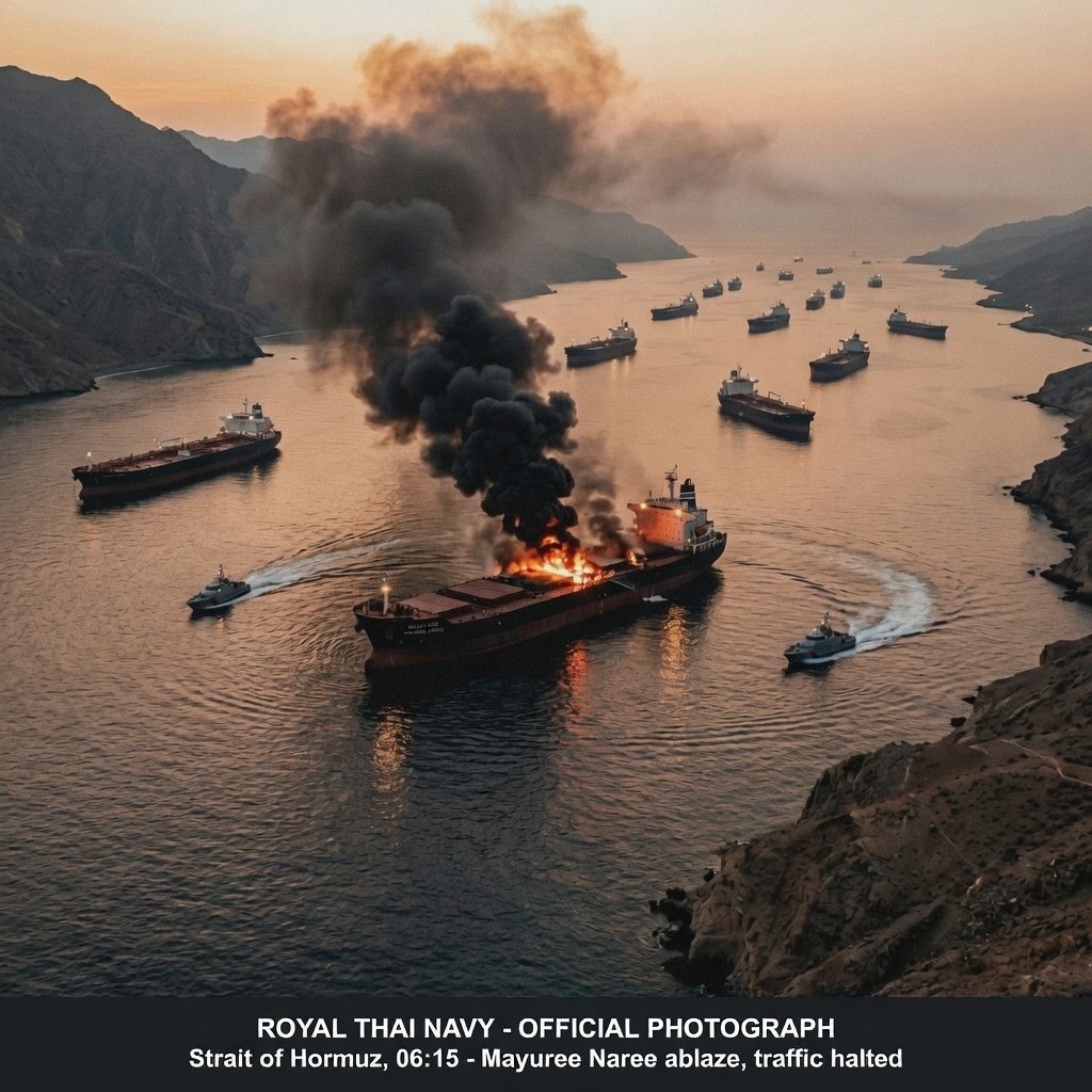 Thai cargo ship Mayuree Naree on fire in Strait of Hormuz after Iranian projectile strike Day 12 Iran war global shipping crisis March 2026