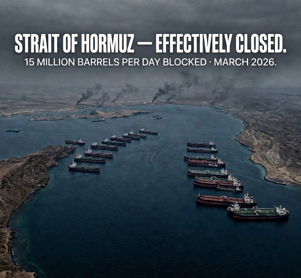 Strait of Hormuz tanker blockade 2026 — 20% of global oil supply halted as Iran war closes world's most critical oil shipping lane