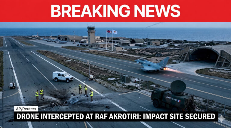 RAF Akrotiri air base Cyprus at dawn after Iranian Shahed drone struck runway on March 2 2026 with British military response team and French anti-drone deployment visible