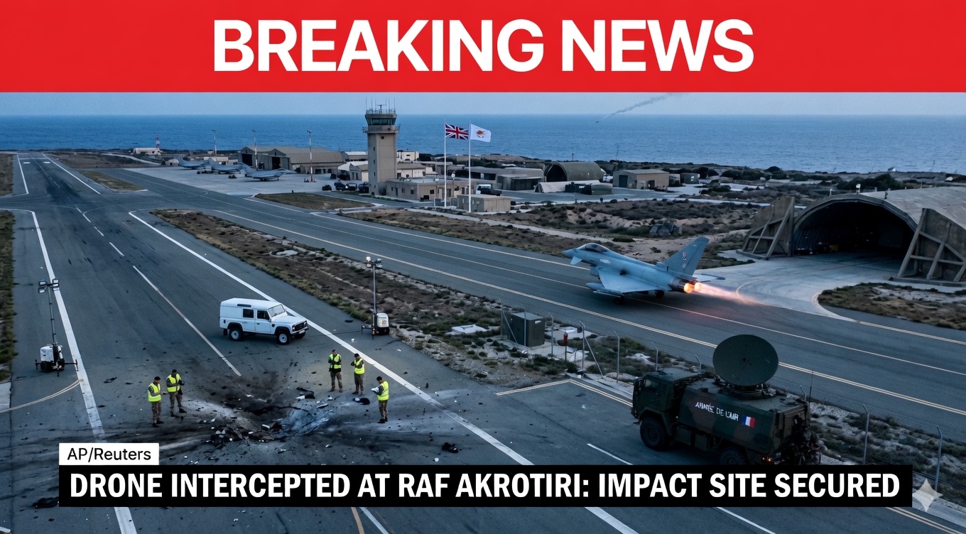 RAF Akrotiri air base Cyprus at dawn after Iranian Shahed drone struck runway on March 2 2026 with British military response team and French anti-drone deployment visible