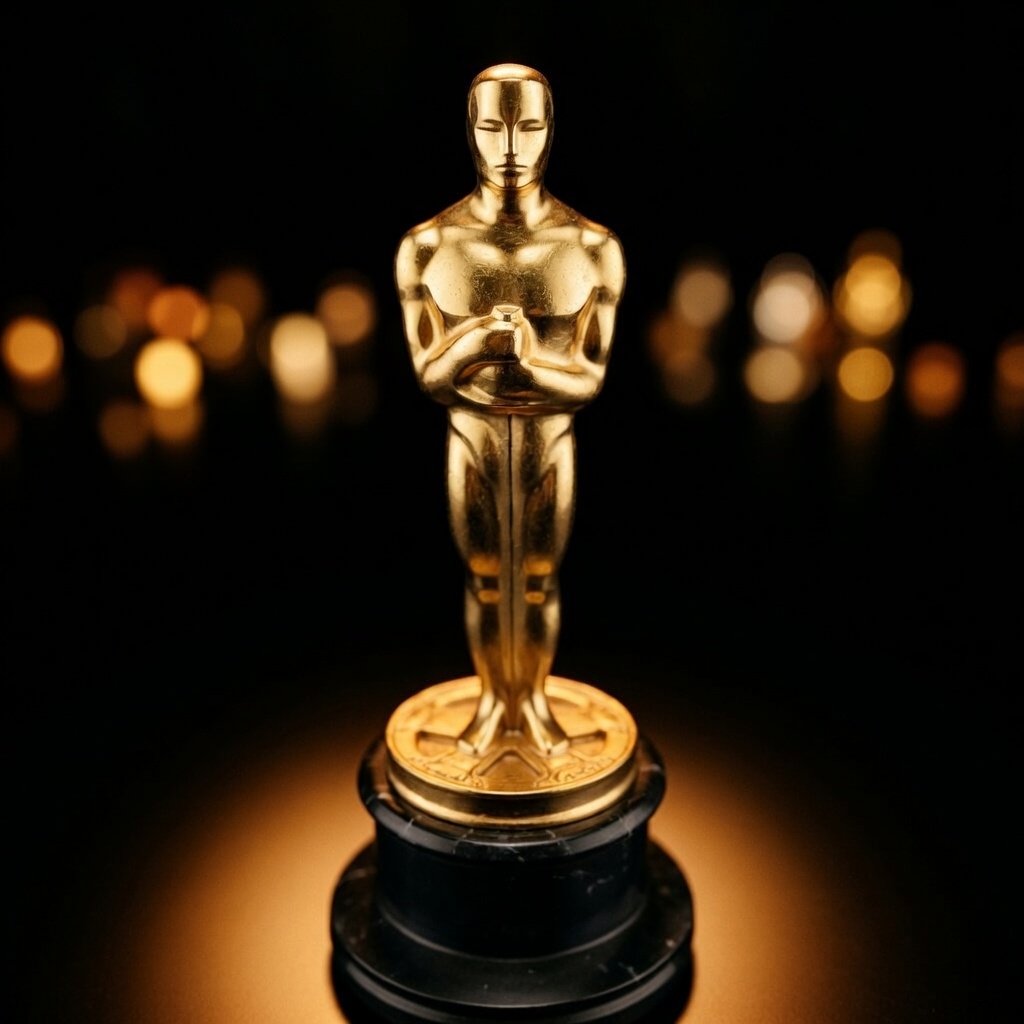 Oscar statuette gold trophy close-up under amber spotlight at the 98th Academy Awards ceremony Oscars 2026 Hollywood Dolby Theatre March 15