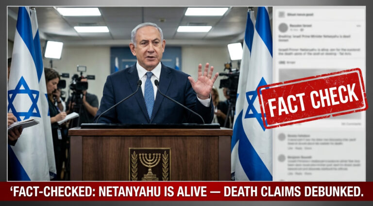 Israeli Prime Minister Benjamin Netanyahu at podium in Tel Aviv with Israeli flags as PMO debunks viral death rumour and fake news assassination claims March 2026