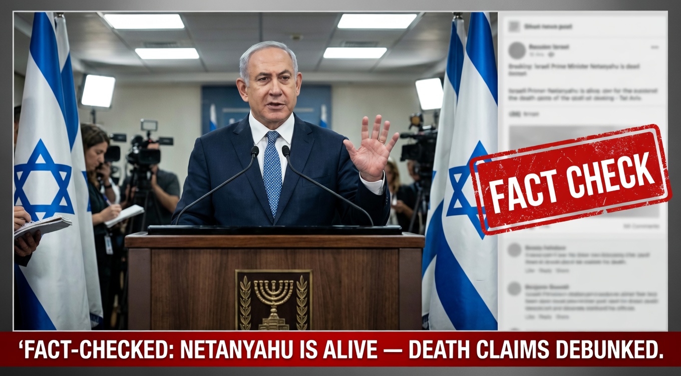 Israeli Prime Minister Benjamin Netanyahu at podium in Tel Aviv with Israeli flags as PMO debunks viral death rumour and fake news assassination claims March 2026