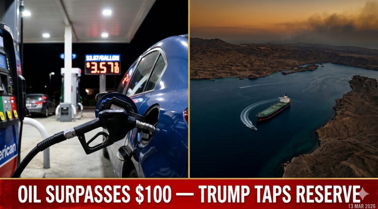 US gas station pump at $3.57 per gallon alongside Strait of Hormuz oil tanker blockade as Trump announces 172 million barrel SPR release March 2026