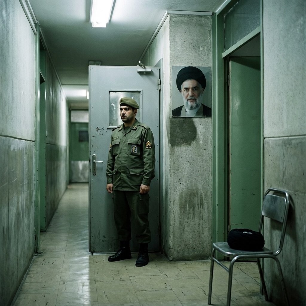 Secure Iranian hospital corridor with IRGC guard outside closed door symbolising Mojtaba Khamenei injury absence from public view Iran war 2026