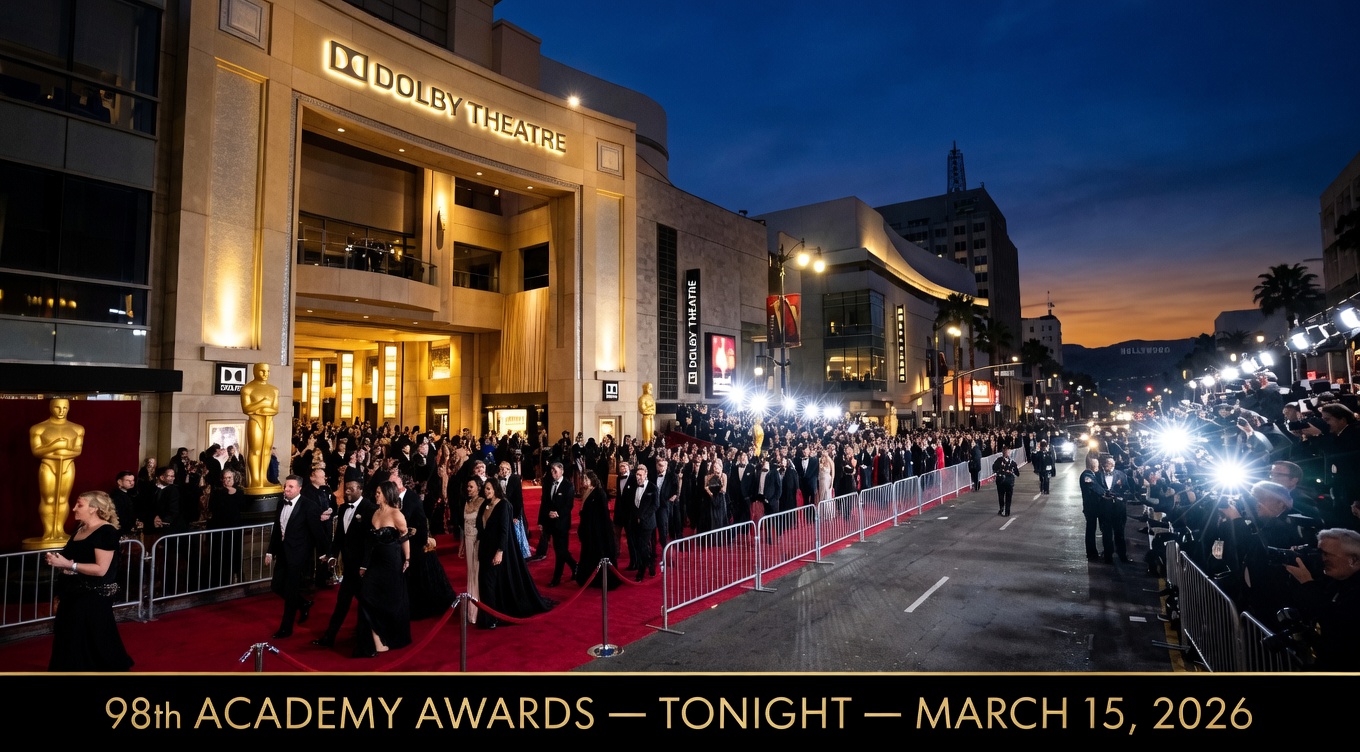 Oscar statuette gold trophy close-up under amber spotlight at the 98th Academy Awards ceremony Oscars 2026 Hollywood Dolby Theatre March 15