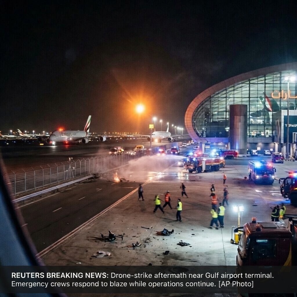 Emergency services responding to Iranian drone strike near Dubai International Airport on Day 12 of Iran-Israel-US war March 12 2026