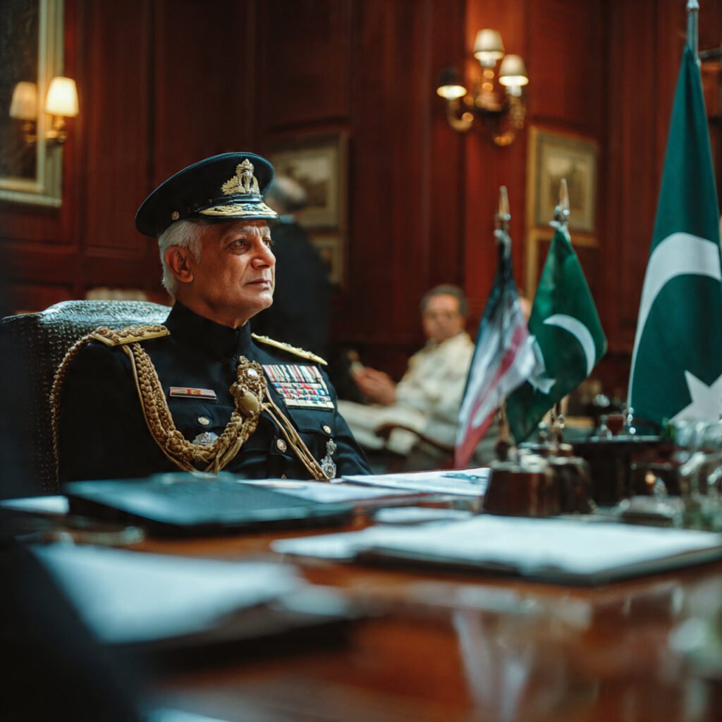 Senior Pakistani military official Field Marshal Asim Munir at diplomatic conference table representing Pakistan's army chief role in mediating US Iran war peace talks March 2026