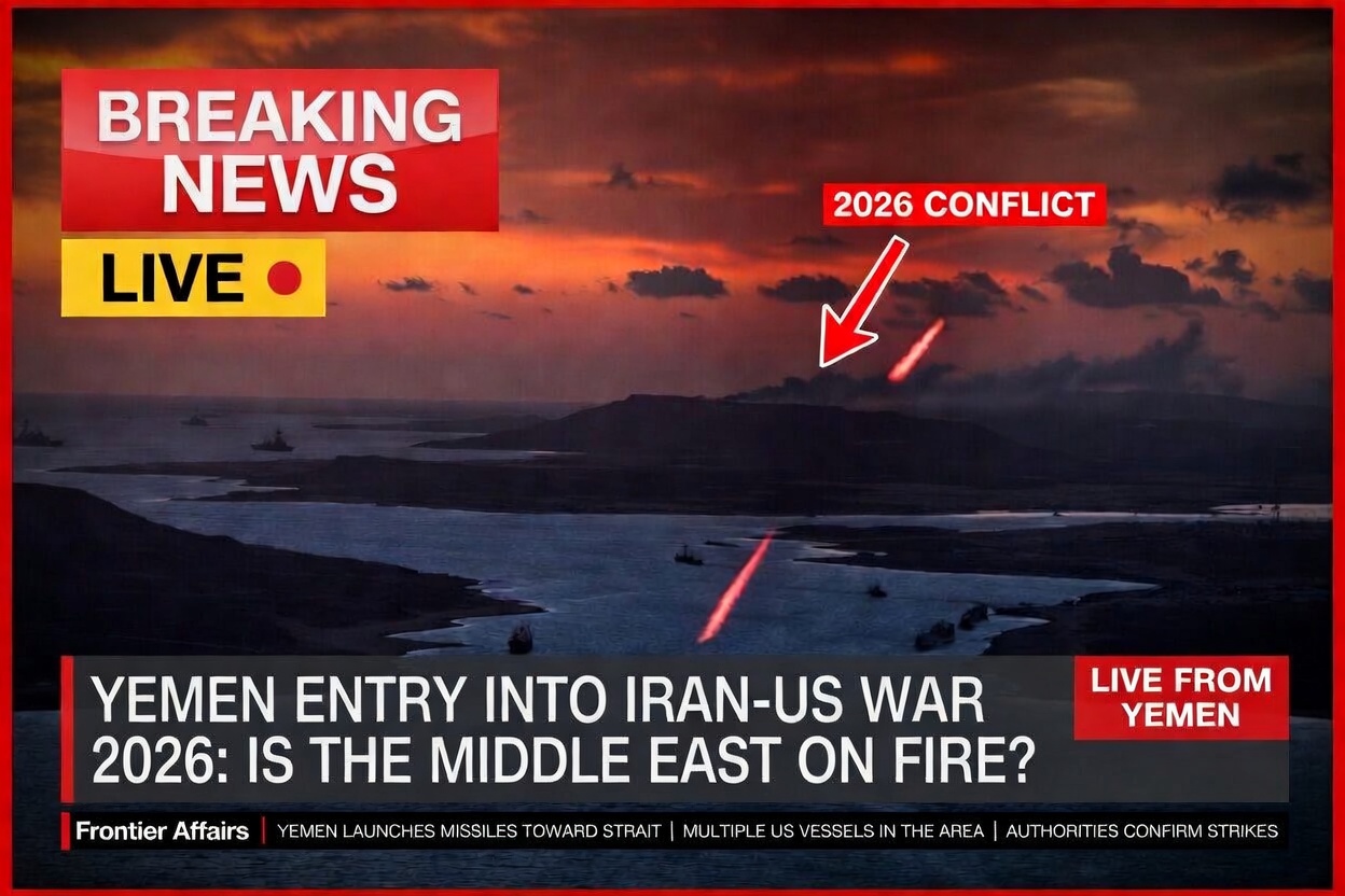 Yemen Iran US war 2026 — aerial view of the Bab al-Mandab Strait with US Navy warships and Houthi missile threat over Red Sea commercial shipping route, representing the Yemen Middle East conflict and global trade disruption