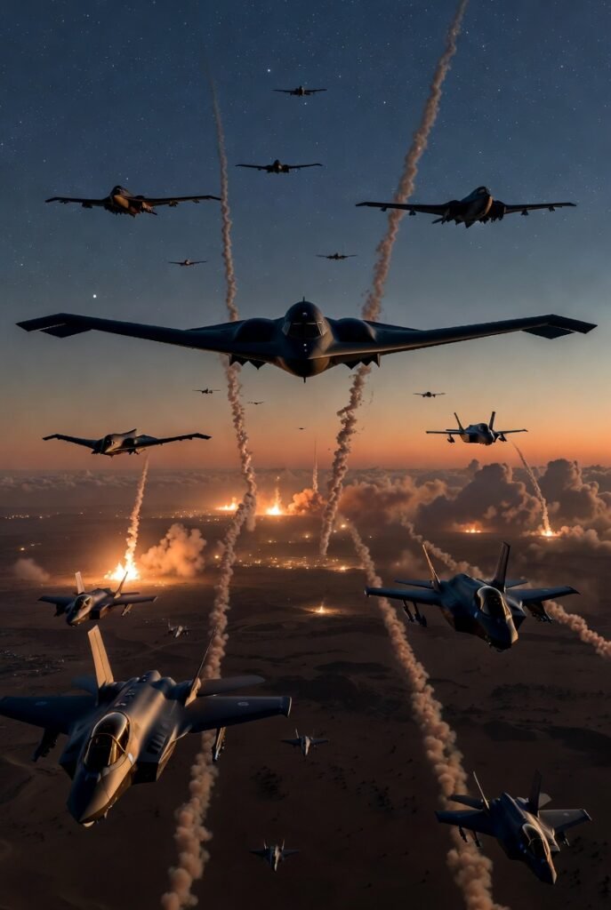 Operation Epic Fury 2026 — US-Israel coordinated military air strikes against Iran, showing stealth bombers and fighter jets over Iran during the February 28 2026 attack that killed Supreme Leader Khamenei and triggered the global conflict crisis