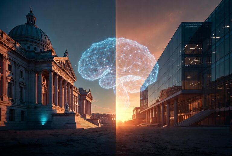 US government and tech industry AI regulation battle 2026 — government building facing tech headquarters with AI neural network visualization