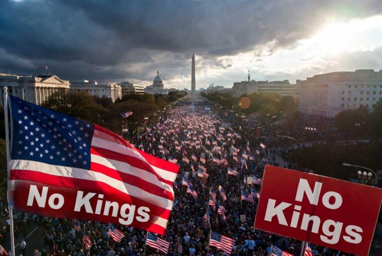 Massive No Kings protest march in Washington D.C. in 2026 with hundreds of thousands of people carrying American flags