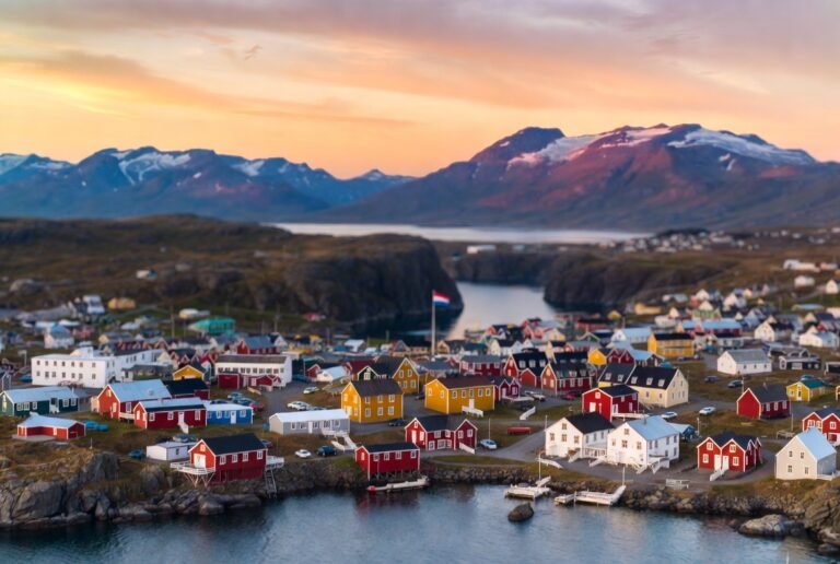 Aerial view of Nuuk, Greenland at sunset with Greenlandic flag and Arctic fjord backdrop — Greenland independence debate 2026