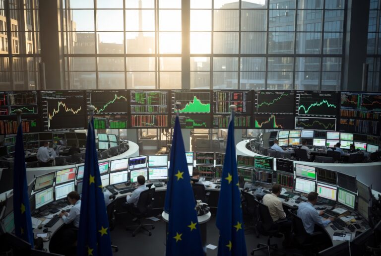 Frankfurt Stock Exchange trading floor showing rising market charts amid geopolitical tensions in Europe 2026